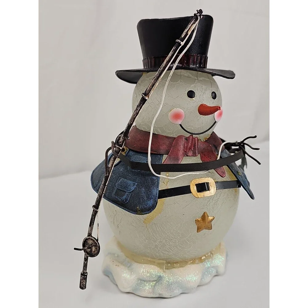 Kirkland's Fishing Snowman Collectible Lighted Crackle Glass Holiday Decor